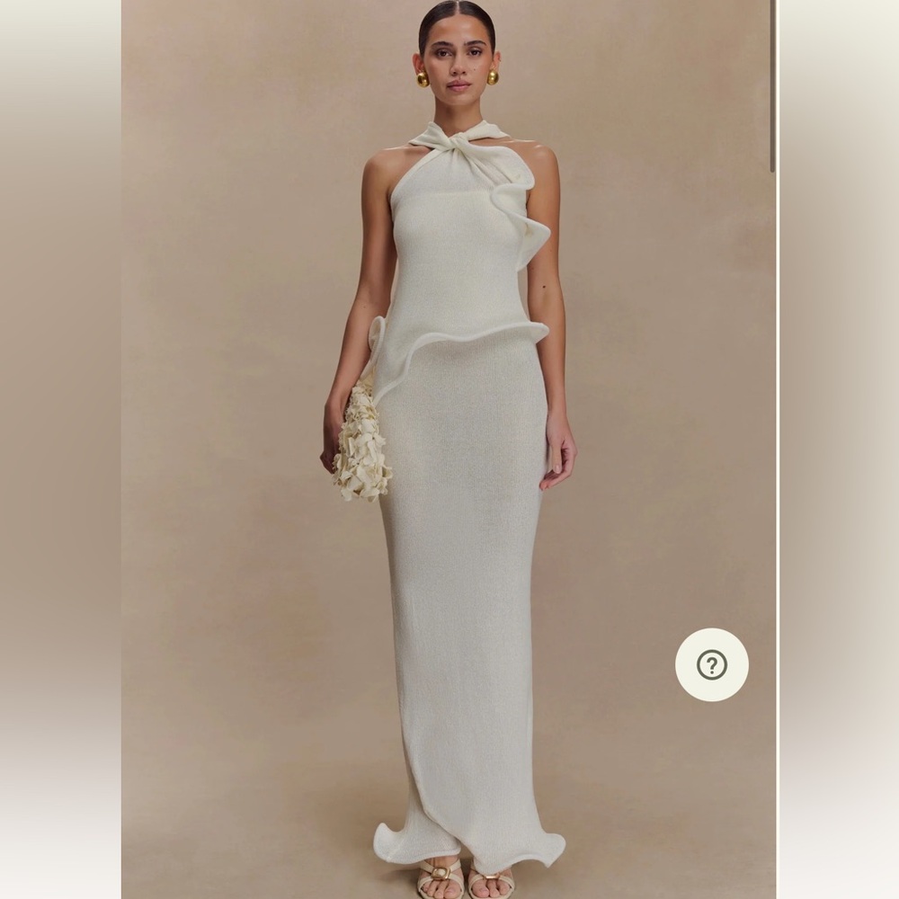 Meshki Cream Backless Ruffle Halter Gown with Bow Neck